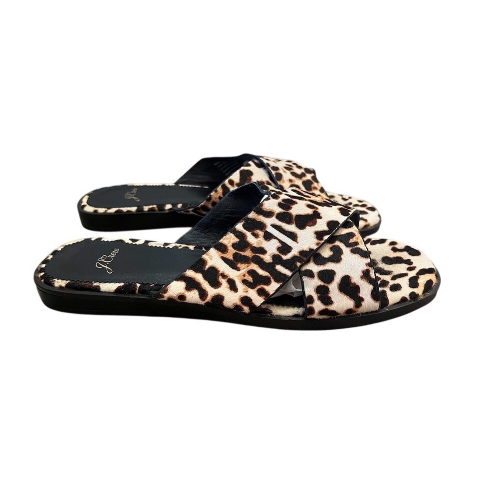 J.Crew Slide Sandals Womens Size 10 Ivory Black Leopard Cross Strap Flat - Picture 5 of 5